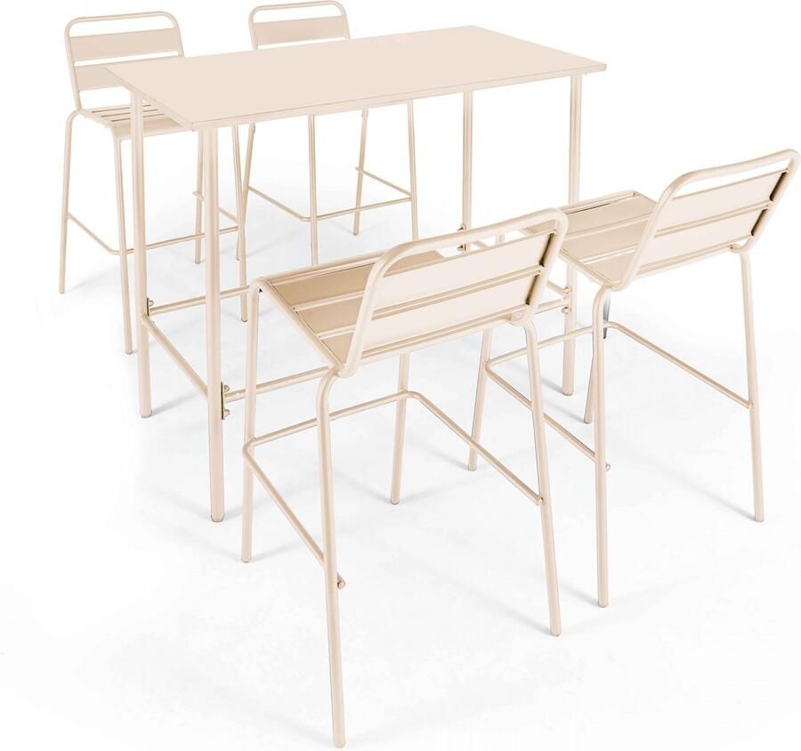 Oviala Set hoge tafel en 4 barstoelen van ivoorkleurig metaal Palavas