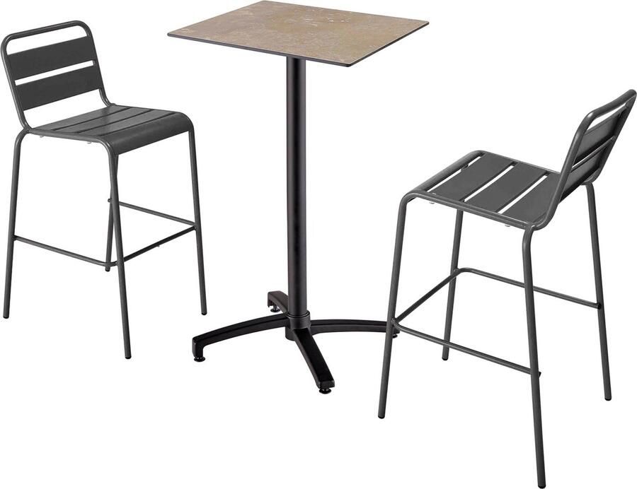 Oviala Set hoge tafel met beige marmeren laminaat en 2 hoge grijze stoelen