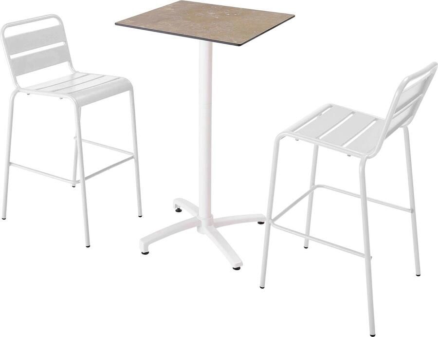 Oviala Set hoge tafel met beige marmeren laminaat en 2 hoge witte stoelen