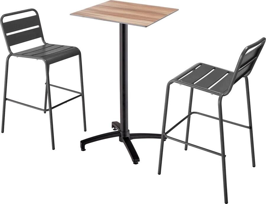 Oviala Set hoge tafel met donker eiken laminaat en 2 hoge grijze stoelen