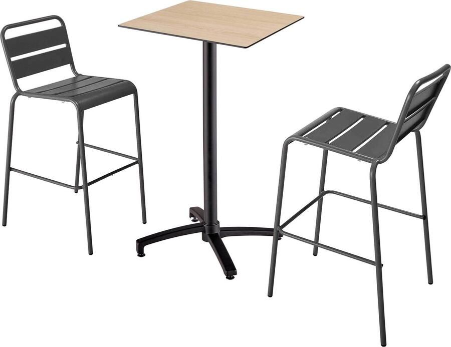 Oviala Set hoge tafel met eikenhouten laminaat en 2 hoge grijze stoelen