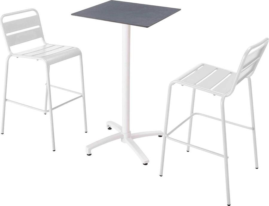 Oviala Set hoge tafel met leisteen grijze laminaat en 2 hoge witte stoelen