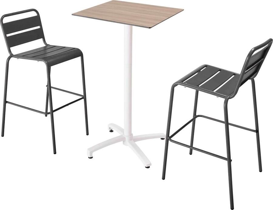 Oviala Set hoge tafel met licht eiken laminaat en 2 hoge grijze stoelen