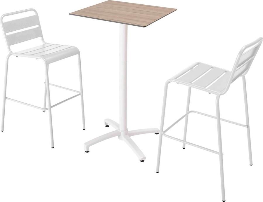 Oviala Set hoge tafel met licht eiken laminaat en 2 hoge witte stoelen