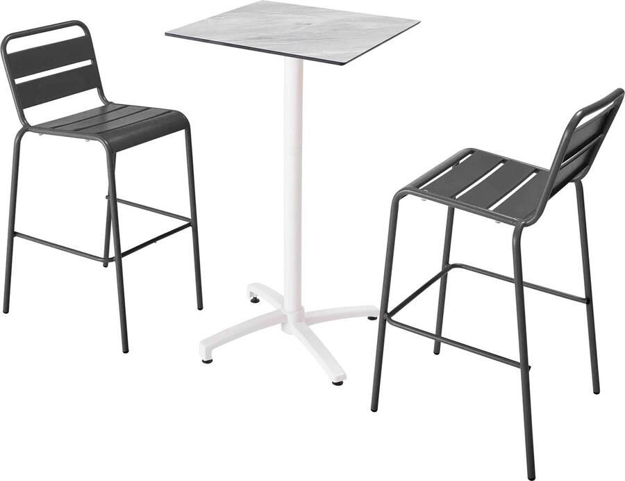 Oviala Set hoge tafel met marmeren laminaat en 2 grijze hoge stoelen