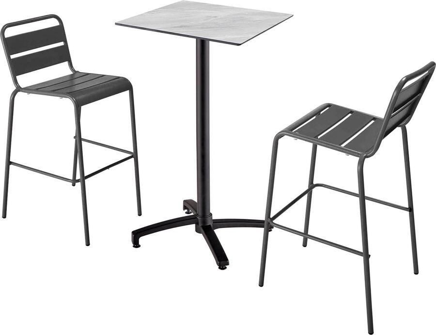 Oviala Set hoge tafel met marmeren laminaat en 2 grijze hoge stoelen