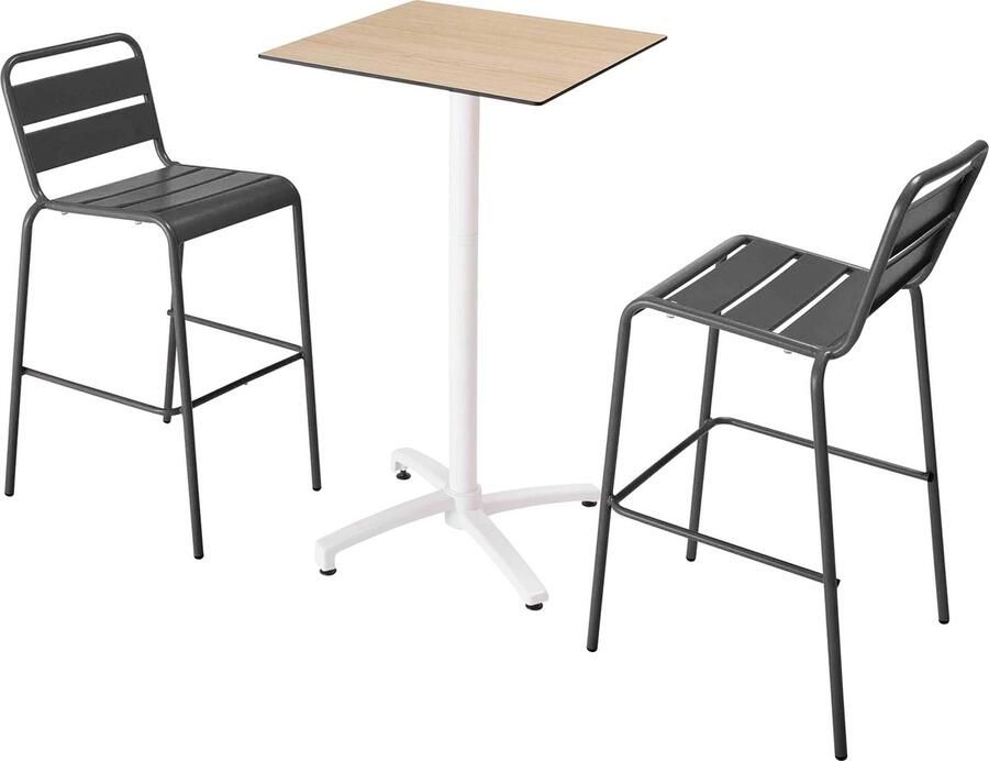 Oviala Set hoge tafel met natuurlijk eikenhouten laminaat en 2 grijze stoelen