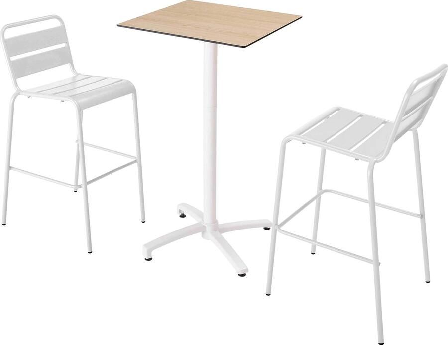 Oviala Set hoge tafel met natuurlijk eikenhouten laminaat en 2 witte stoelen