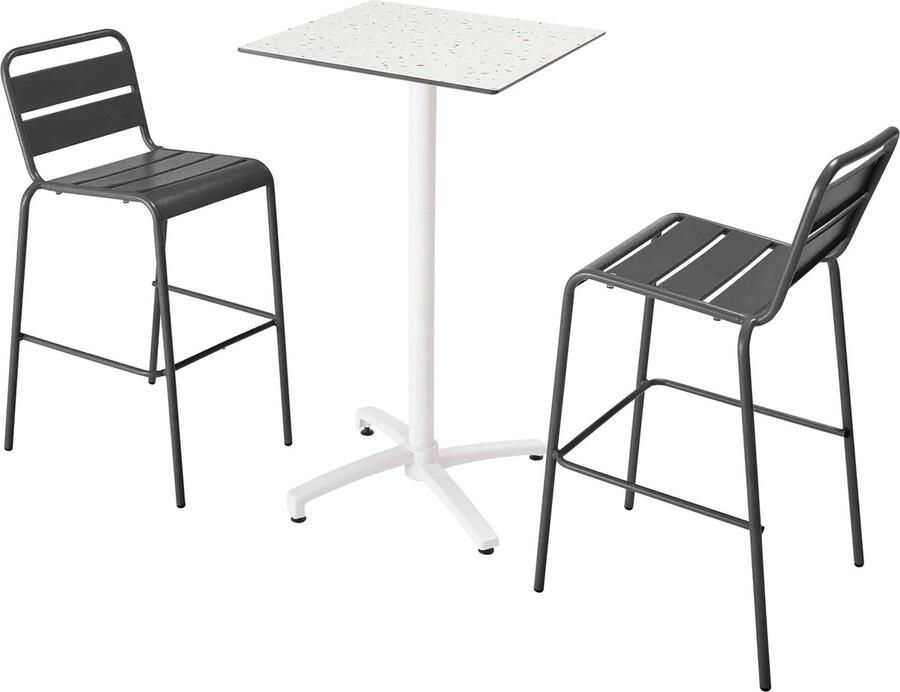 Oviala Set hoge tafel met terrazzo laminaat en 2 grijze stoelen