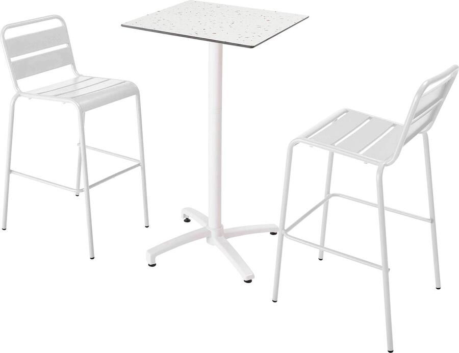 Oviala Set hoge tafel met terrazzo laminaat en 2 witte stoelen