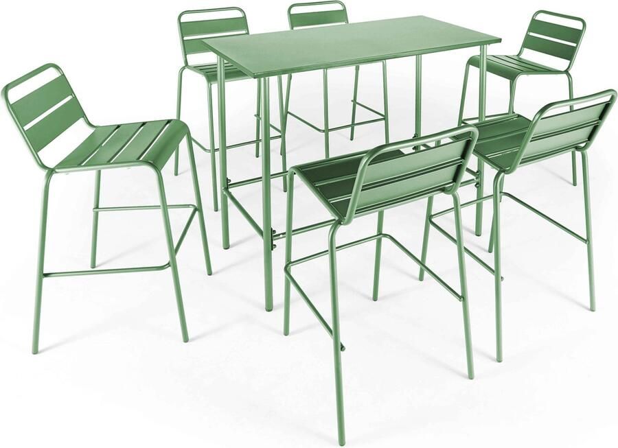 Oviala Set hoge tuin tafel en 6 stoelen in cactusgroen metaal Palavas