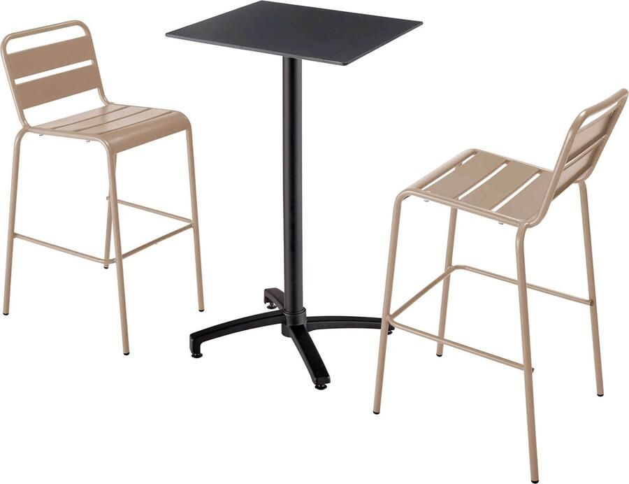 Oviala Set hoge zwarte laminaat tafel en 2 hoge taupe stoelen