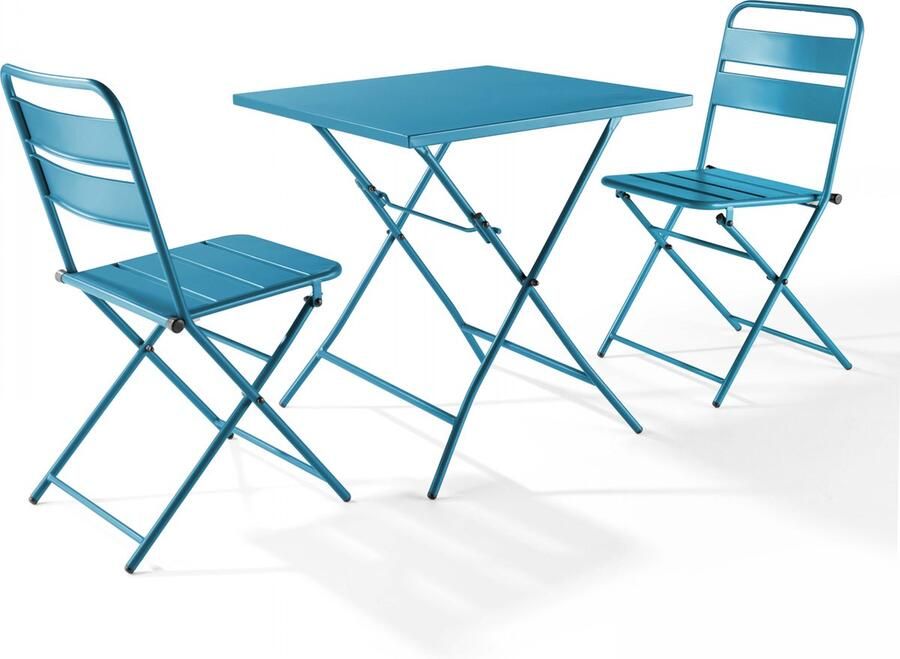 Oviala Set inklapbare tuinset en 2 blauwe Pacific stalen stoelen Palavas