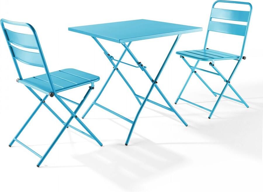 Oviala Set inklapbare tuinset en 2 blauwe stalen stoelen Palavas