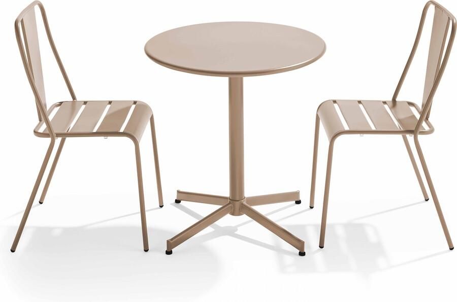Oviala Set ronde tafel en 2 bistro tuinstoelen in taupe metaal Palavas