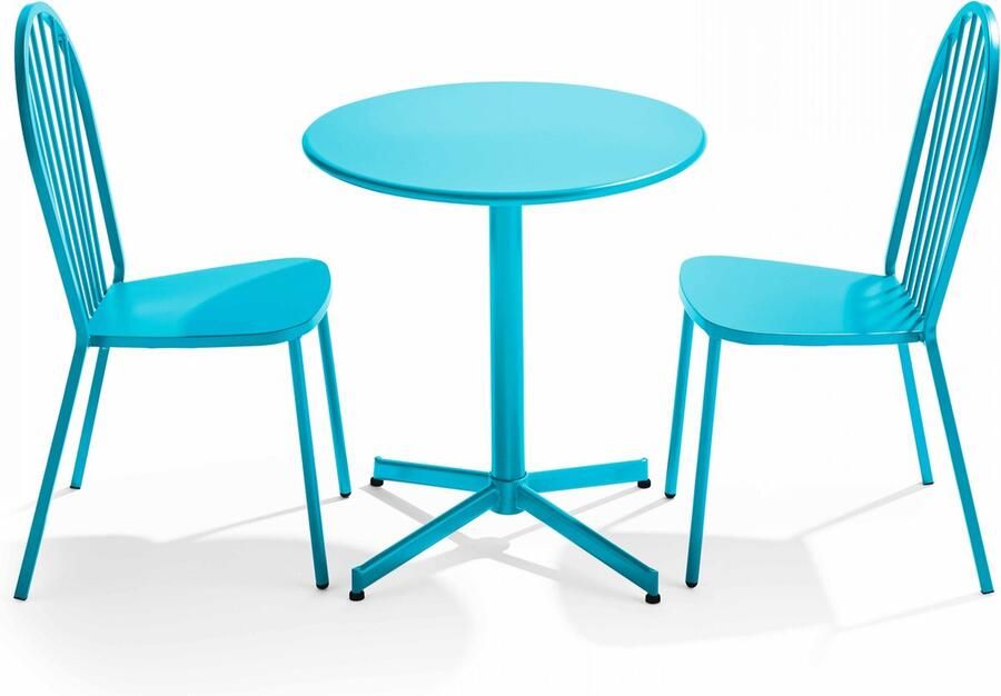 Oviala Set ronde tafel en 2 bistro tuinstoelen van blauw metaal Palavas