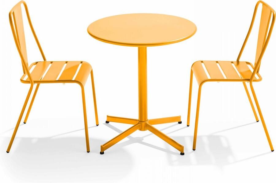 Oviala Set ronde tafel en 2 bistro tuinstoelen van geel metaal Palavas