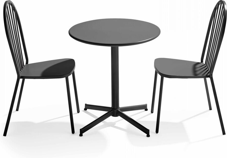 Oviala Set ronde tafel en 2 bistro tuinstoelen van grijs metaal Palavas