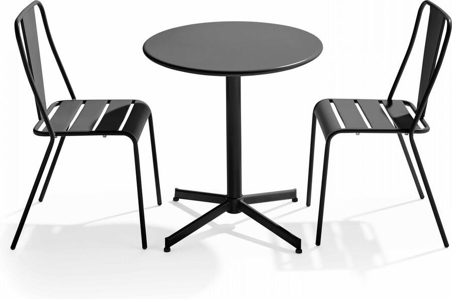 Oviala Set ronde tafel en 2 bistro tuinstoelen van grijs metaal Palavas
