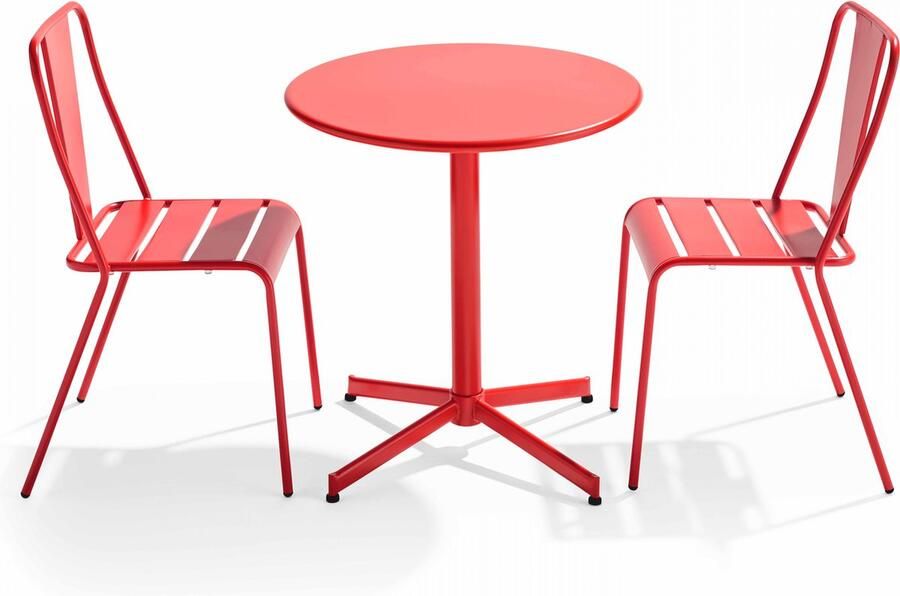 Oviala Set ronde tafel en 2 bistro tuinstoelen van rood metaal Palavas