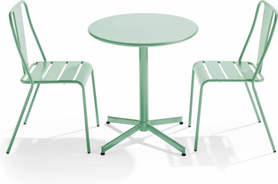 Oviala Set ronde tafel en 2 tuinstoelen van groen salie metaal Palavas