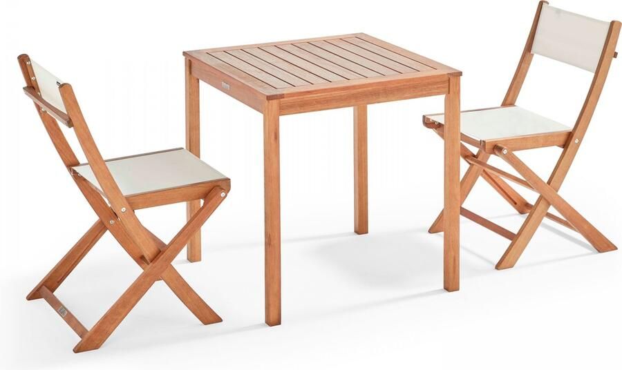 Oviala Set tafel en 2 inklapbare stoelen van textilène en wit eucalyptus