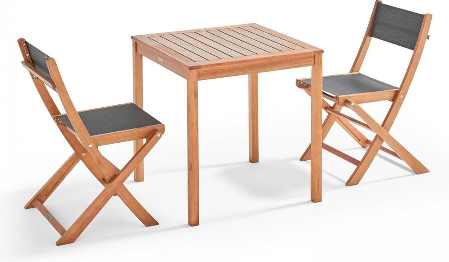 Oviala Set tafel en 2 inklapbare stoelen van textilène en zwart eucalyptus