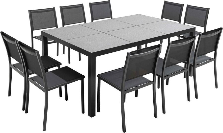 Oviala Set tafel en stoelen 10 plaatsen keramiek grijs