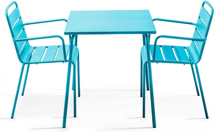 Oviala Set tuintafel en 2 blauwe stalen fauteuils Palavas