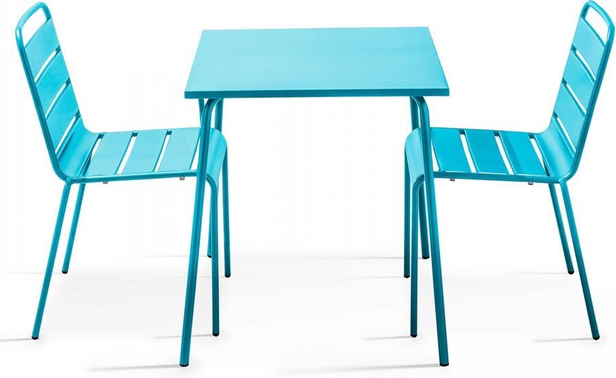 Oviala Set tuintafel en 2 blauwe stalen stoelen Palavas