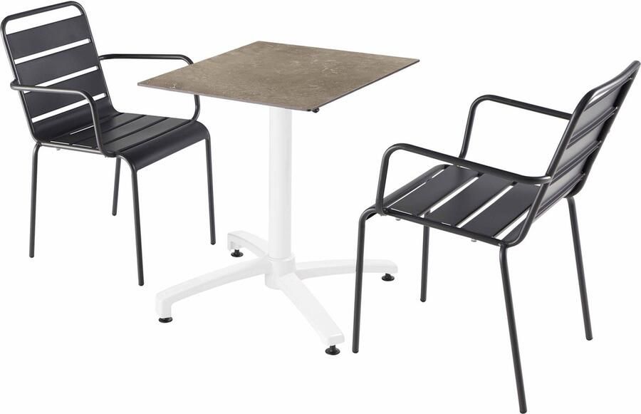 Oviala Set tuintafel met beige marmeren laminaat en 2 grijze fauteuils