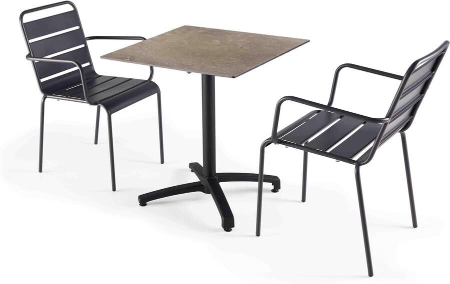 Oviala Set tuintafel met beige marmeren laminaat en 2 grijze fauteuils