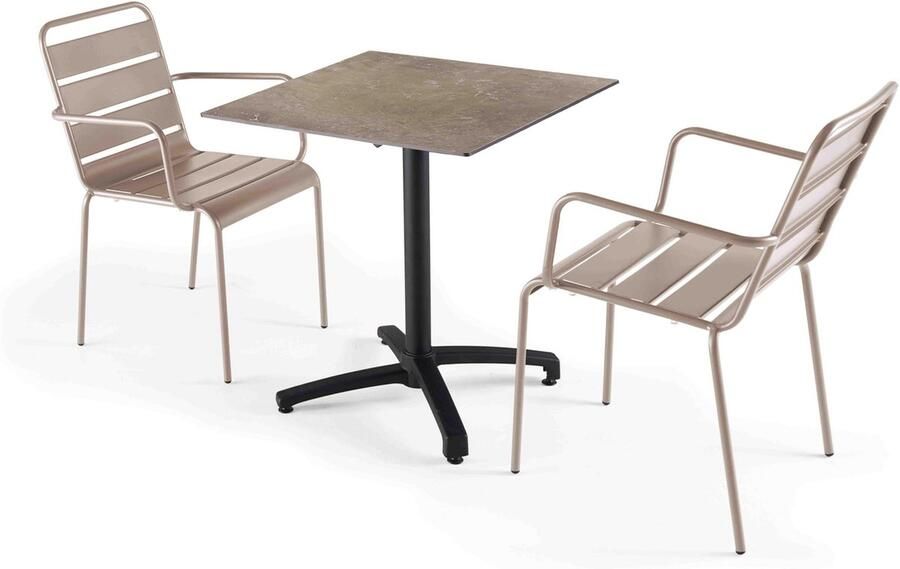 Oviala Set tuintafel met beige marmeren laminaat en 2 taupe fauteuils