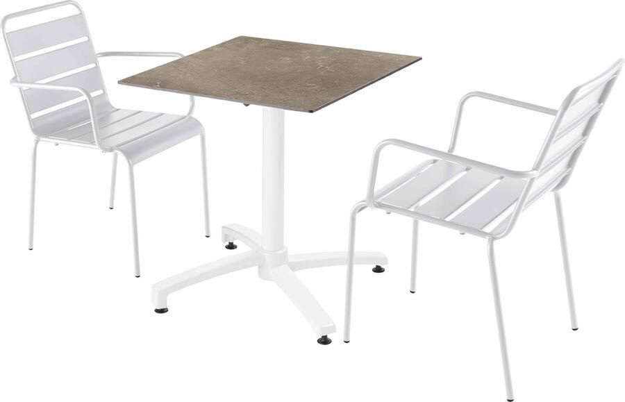 Oviala Set tuintafel met beige marmeren laminaat en 2 witte fauteuils