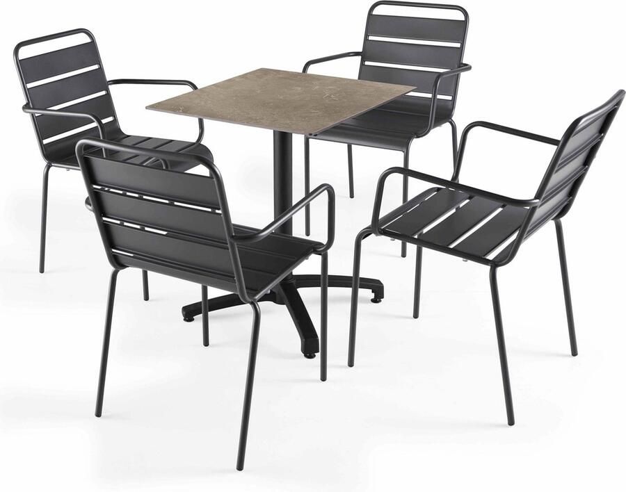 Oviala Set tuintafel met beige marmeren laminaat en 4 grijze fauteuils
