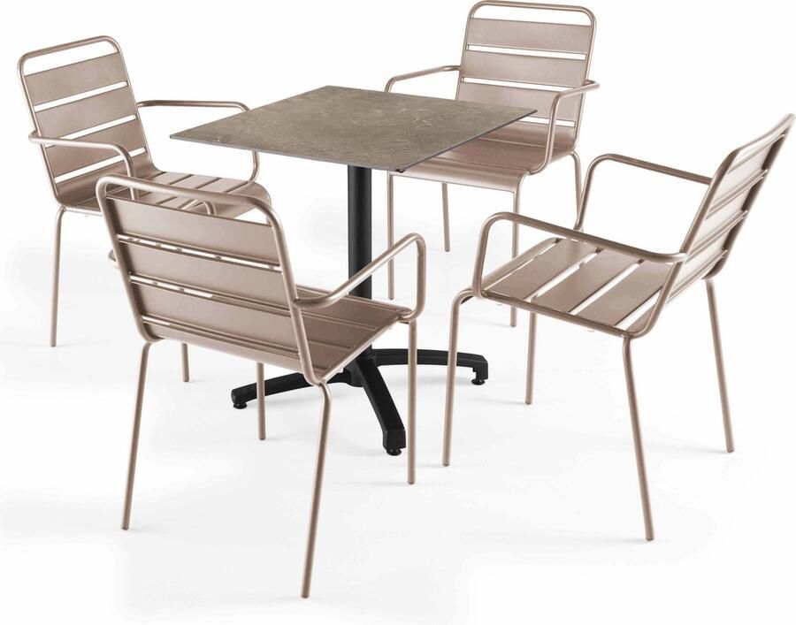 Oviala Set tuintafel met beige marmeren laminaat en 4 taupe fauteuils
