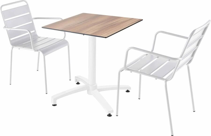 Oviala Set tuintafel met donker eikenfineer en 2 witte fauteuils