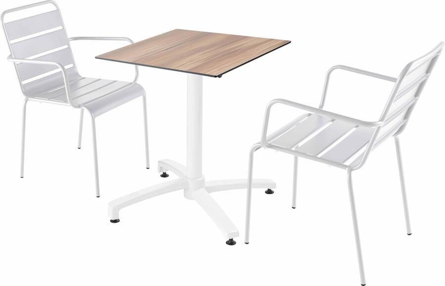 Oviala Set tuintafel met donker eikenfineer en 2 witte fauteuils