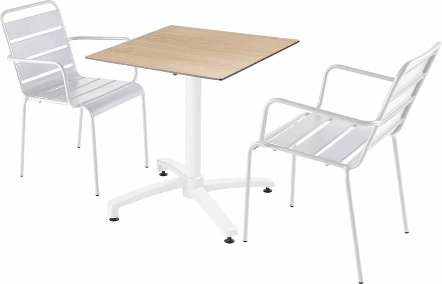 Oviala Set tuintafel met eikenhouten laminaat en 2 witte fauteuils