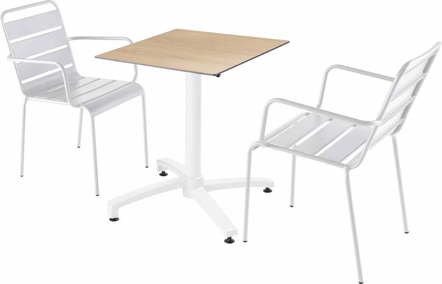 Oviala Set tuintafel met eikenhouten laminaat en 2 witte fauteuils