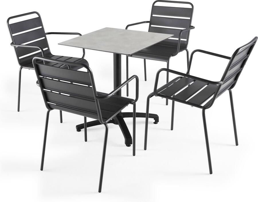 Oviala Set tuintafel met licht betonnen laminaat en 4 grijze fauteuils