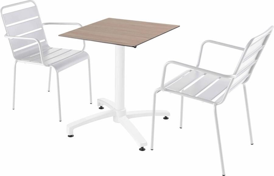 Oviala Set tuintafel met licht eikenhouten laminaat en 2 witte fauteuils