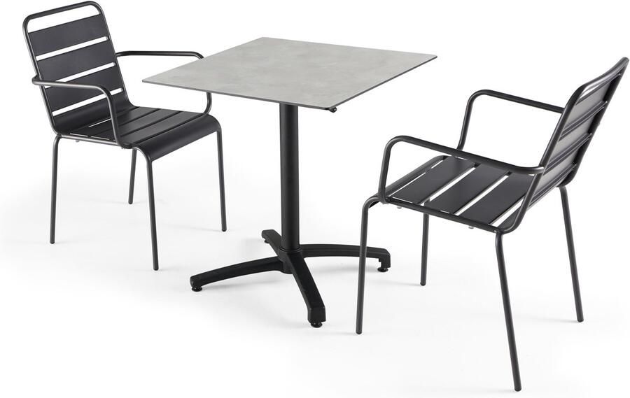 Oviala Set tuintafel met lichtgrijze betonnen laminaat en 2 grijze fauteuils