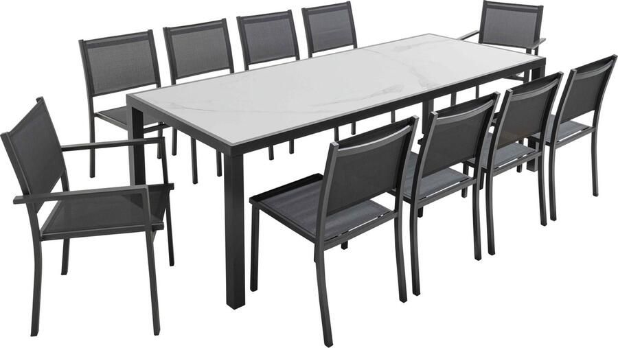 Oviala Set tuintafel met marmeren keramisch effect en 10 zitplaatsen