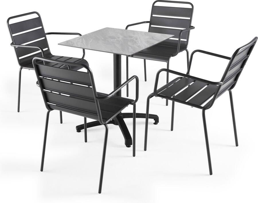 Oviala Set tuintafel met marmeren laminaat en 4 grijze fauteuils