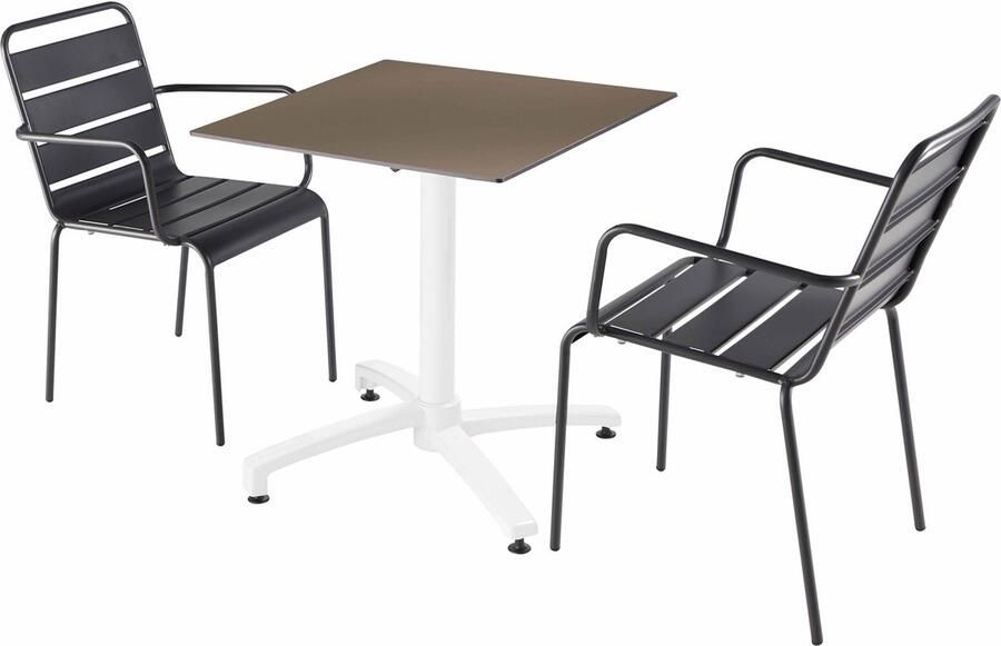 Oviala Set tuintafel met taupe gelamineerd blad en 2 grijze fauteuils