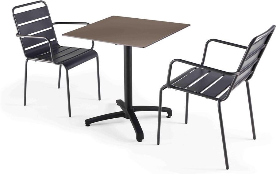 Oviala Set tuintafel met taupe gelamineerd blad en 2 grijze fauteuils