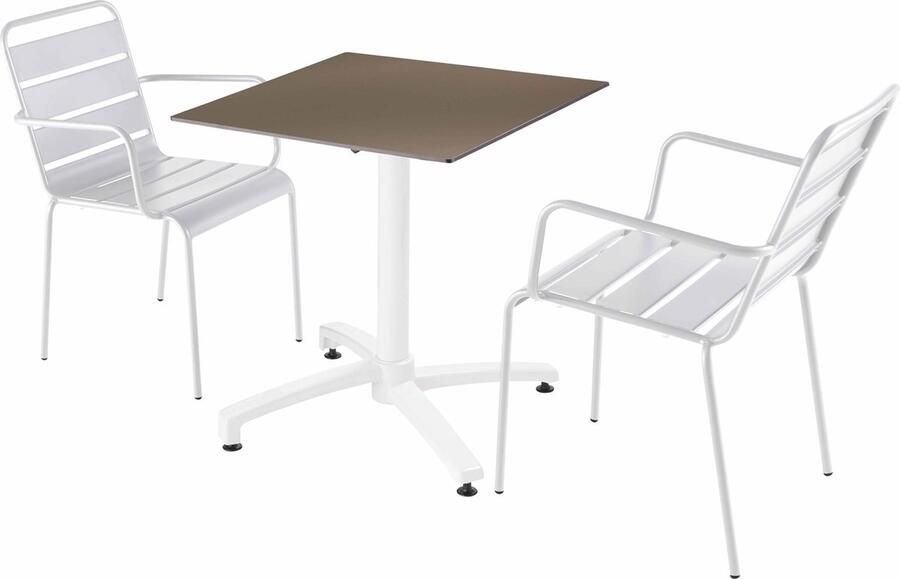 Oviala Set tuintafel met taupe gelamineerd blad en 2 witte fauteuils