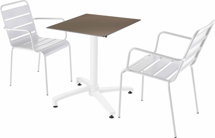 Oviala Set tuintafel met taupe gelamineerd blad en 2 witte fauteuils