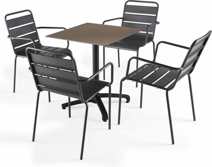 Oviala Set tuintafel met taupe gelamineerd blad en 4 grijze fauteuils